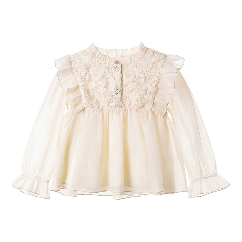 女童公主上衣春装2023新款儿童洋气飞袖T恤女宝宝花朵透袖打底衫