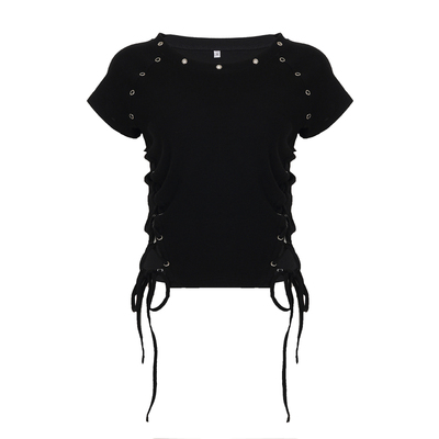 WEEKEEP 街头暗黑风鸡眼侧边绑带圆领短袖T恤女百搭修身收腰上衣