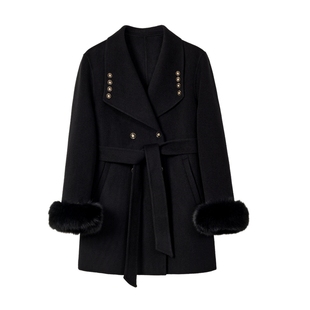 蓝语大码气质双排扣狐狸毛羊毛双面呢大衣2025冬季新款收腰外套女