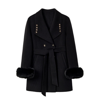 蓝气黑色气质双排扣狐狸毛呢大衣