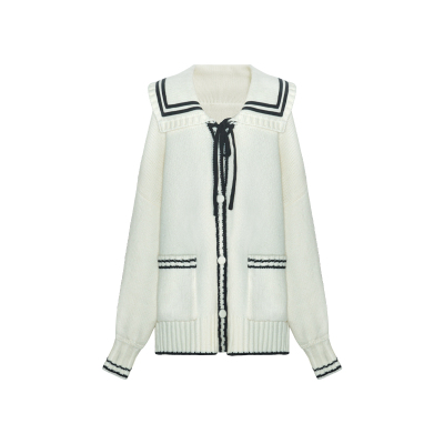 迟伞伞海军风系带针织开衫毛衣