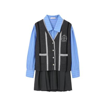 REVAN芮范2024冬季新品设计师款学院风条纹拼接连衣裙RM91101144
