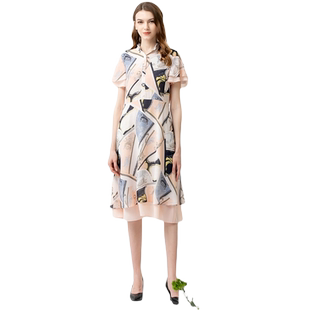 Gitti/吉蒂时尚印花荷叶边雪纺连衣裙修身显瘦气质女装G211039