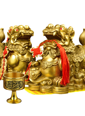 纯黄铜貔貅摆件一对开业礼品