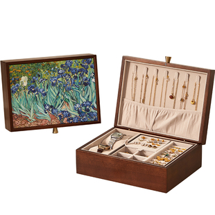 双层油画首饰盒实木轻奢精致耳钉耳环收纳盒新婚结婚礼物饰品盒子