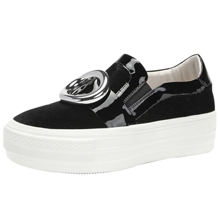 Aee/爱意春秋单鞋松糕底圆头休闲低帮鞋牛漆皮拼接女鞋1618404007