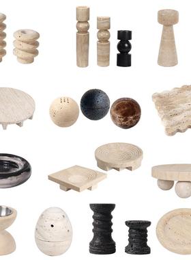 天然黄洞大理石烛台复古果盘摆件样板间装饰客厅香炉香薰圆形方形