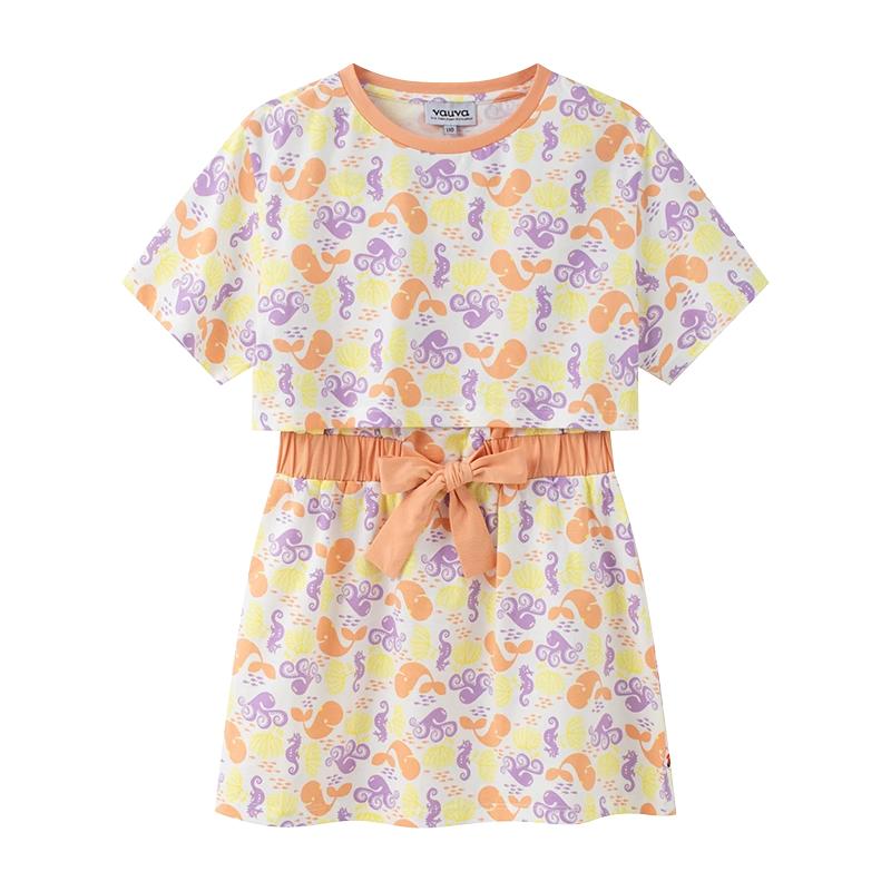 [Vauva]女童印花短袖连衣裙夏装女宝假两件棉蝴蝶结裙子