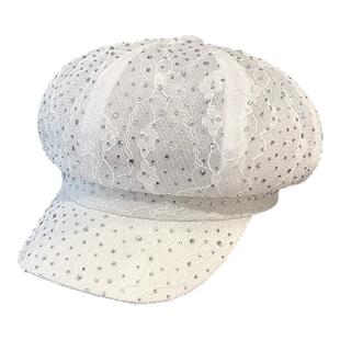 蕾丝水钻镂空八角帽子女春夏季薄款透气遮阳鸭舌帽时尚百搭画家帽