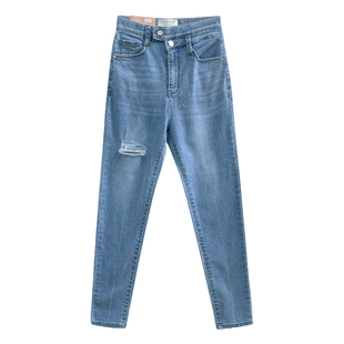 韩国HOWLUK松紧高腰破洞小脚牛仔裤女春季新款弹力显瘦铅笔裤