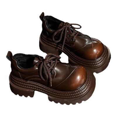 欧货真皮系带厚底增高乐福鞋女