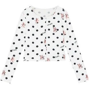妖精的口袋白色波点印花长袖t恤女2026早春新款修身短款掐腰上衣