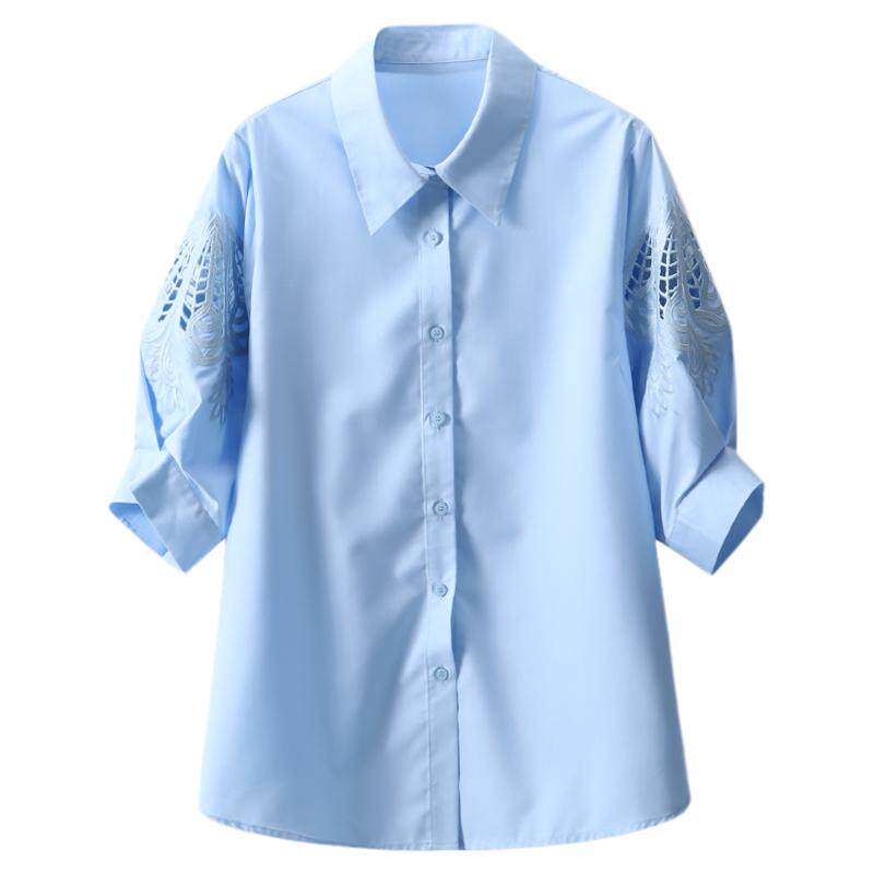 Basic House/百家好蓝色polo领镂空设计短袖衬衫女秋季百搭上衣