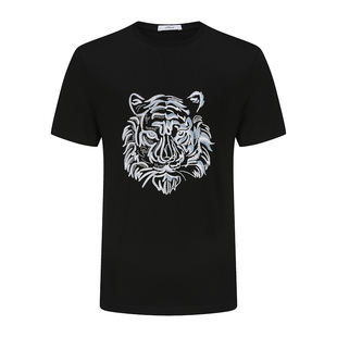 宾度男装春夏男士纯棉老虎元素刺绣烫钻短袖T恤男黑色圆领上衣