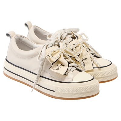 fed真皮休闲鞋春季新款女鞋珍珠蝴蝶结板鞋厚底小白鞋S1107-ZZ185