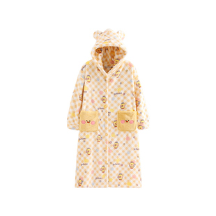 芬腾女士睡袍秋冬季珊瑚绒抗静电连帽睡衣可爱布朗熊可外穿家居服