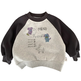 男童加绒卫衣一体绒薄绒2026新款早春卡通拼色儿童宝宝圆领套头衫