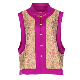 名家钱小萍宋锦马甲带钢印花木深立领对襟坎肩女新款盘扣真丝马夹