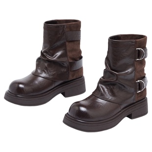 exull/依思Q2025新款秋季美拉德裤管骑士靴复古机能搭扣马丁靴子