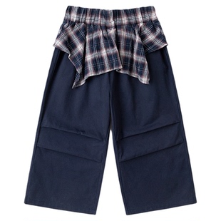 嘟嘟家女童阔腿裤春秋款洋气宝宝裤子阳光棉儿童长裤格子拼接童装