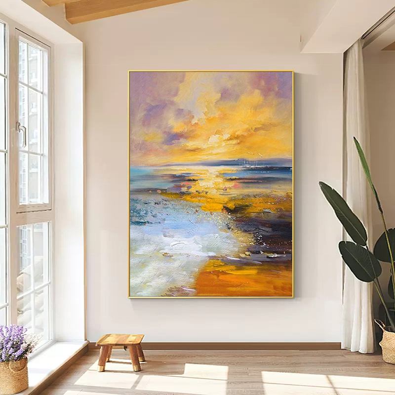 手绘油画日出海岸轻奢玄关背景墙装饰画北欧餐厅挂画客厅沙发卧室