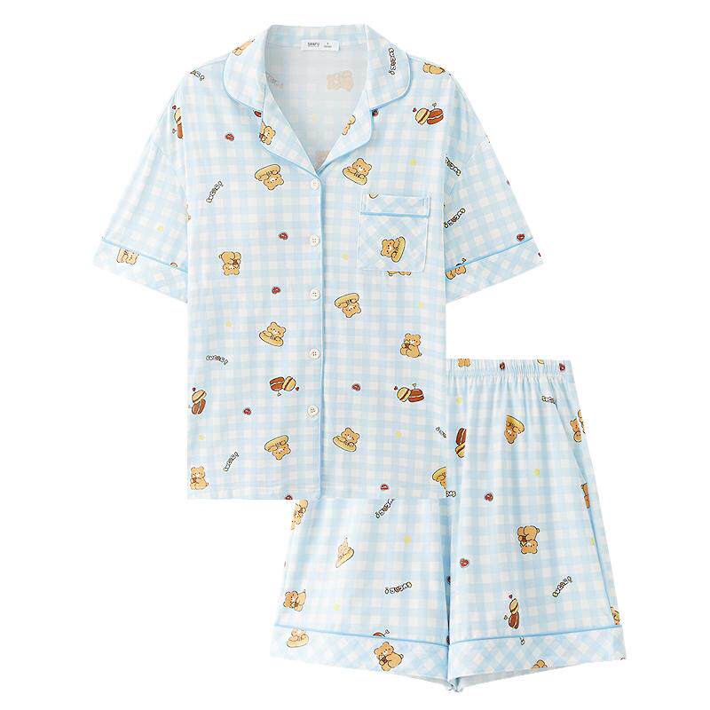 三福女夏季带杯排扣睡衣套装 趣味印花格纹短袖家居服517786