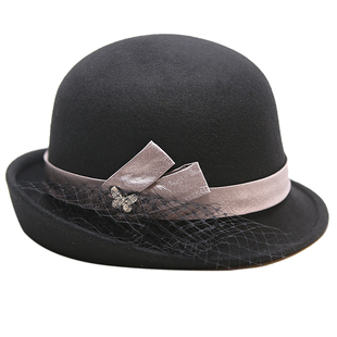 羊毛卷边女士秋冬新款冬季帽子女韩版潮羊毛呢帽优雅礼帽网纱花朵