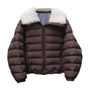 羽绒服女短款2025新款羊羔毛翻领撞色设计小个子冬季宽松保暖外套