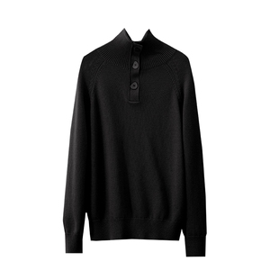 Amii2025冬新款可前后两穿翻领高领艺术扣插肩袖中长宽松套头毛衣