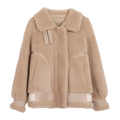 皮毛一体外套短款羊剪绒机车颗粒