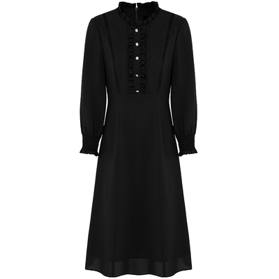 马天奴黑色雪纺收腰连衣裙