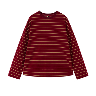 AR复古条纹miu系宽松长袖T恤女春撞色拼接休闲圆领打底衫红色上衣