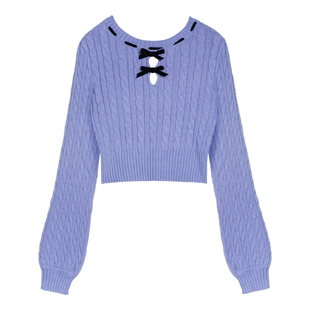 SagiDolls少女斗志 蓝紫色蝴蝶结麻花短款毛衣灯笼袖百搭宽松显瘦