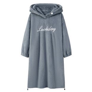 芬腾可安高级感连体睡袍保暖宽松法兰绒大码连帽秋冬长款睡裙女士