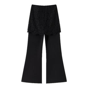 时尚假两件蕾丝拼接屁帘微喇裤2026春季新款高腰显瘦长裤休闲裙裤
