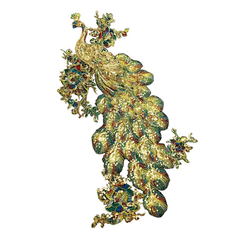 中国风亮片大号孔雀刺绣布贴旗袍礼服外套装饰绣花贴自粘式补丁贴