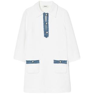 SANDRO秋冬女装法式舒适白色polo领短款珠型纽扣短款针织连衣裙