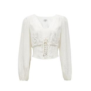 绫致ONLY25春夏新温柔气质V领泡泡袖收腰短款雪纺衫女时尚