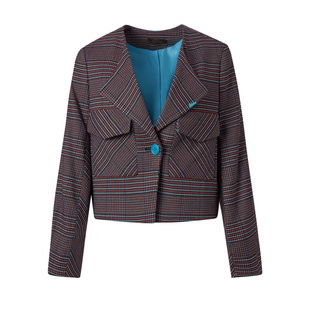 莱芙艾迪儿品牌女装时尚通勤格纹修身一粒扣西装领短外套春季新款