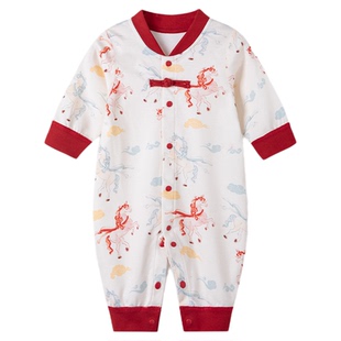 考拉蒂尔 婴儿衣服春秋季宝宝中国风连体衣新生儿纯棉外出服哈衣