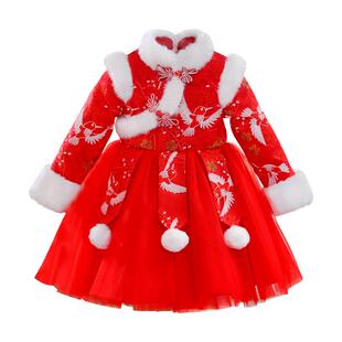 拜年服女童冬装儿童汉服女宝过年服2025新款国风红色喜庆新年衣服