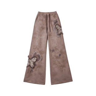 大码女装胖mm宽松休闲百搭直筒裤女咖色加绒加厚蝴蝶刺绣阔腿裤子