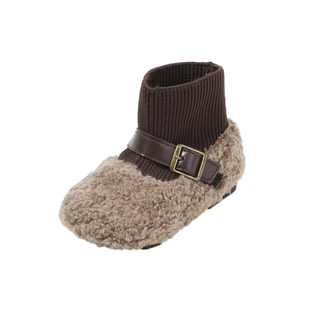 冬季女宝宝二棉鞋子加绒保暖一岁小童袜子鞋婴儿毛毛鞋软底学步鞋