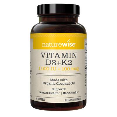 Naturewise阳光瓶D3K2补钙1000IU维生素D3+维生素K2成人vd3胶囊