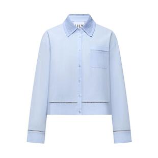LILY2026春新款女装设计感法式针织翻领落肩休闲通勤蓝色衬衫外套