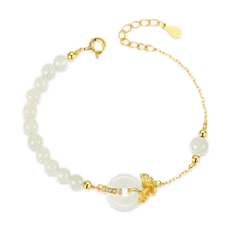 中国黄金珍尚银平安扣和田玉手串女款纯银手链生日礼物送女友S925