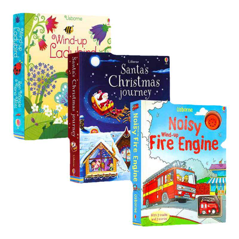 Usborne 发条轨道书3册英文原版 Wind up Ladybird小瓢虫 Racing cars 赛车 Christmas圣诞之旅 亲子互动益智交通工具玩具书大开本