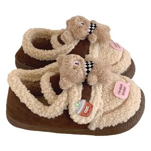 细细条 亲子休闲外穿百搭豆豆鞋冬季可爱小熊魔术贴羊羔毛棉鞋女