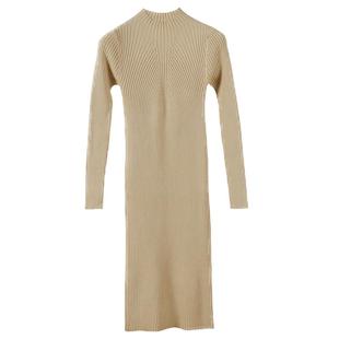 修身秋装长袖针织连衣裙半高领女士毛衣裙秋冬天黑色中长款打底衫