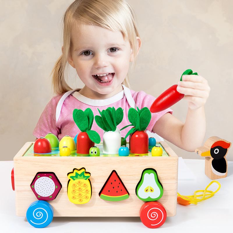 木制儿童早教多功能串珠智力拆装趣味拖车形状玩具农场益智拔萝卜